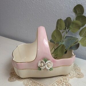 Vintage‎ Pink White Ceramic Rose Basket Teleflora Gift Decorative Handle Easter